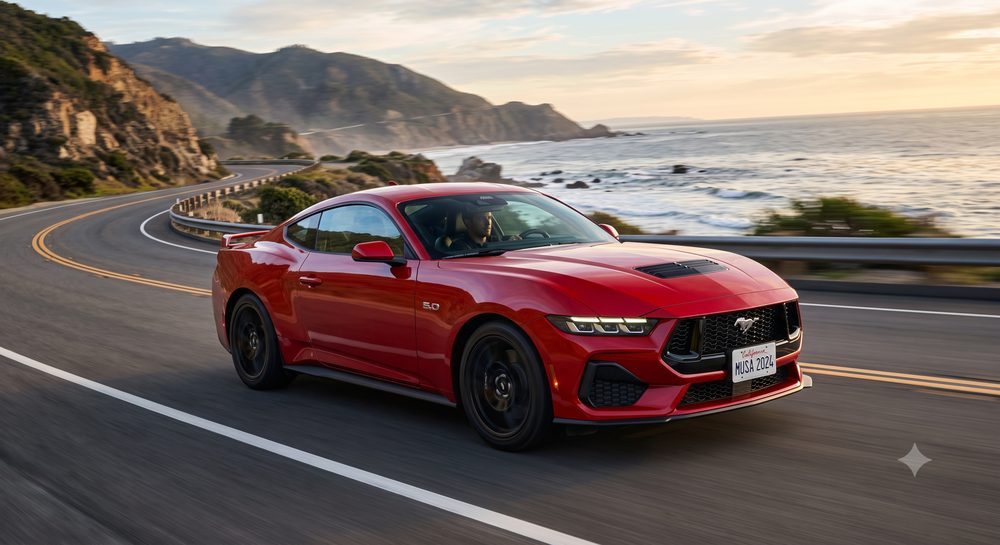 Ford Mustang on a coastal road